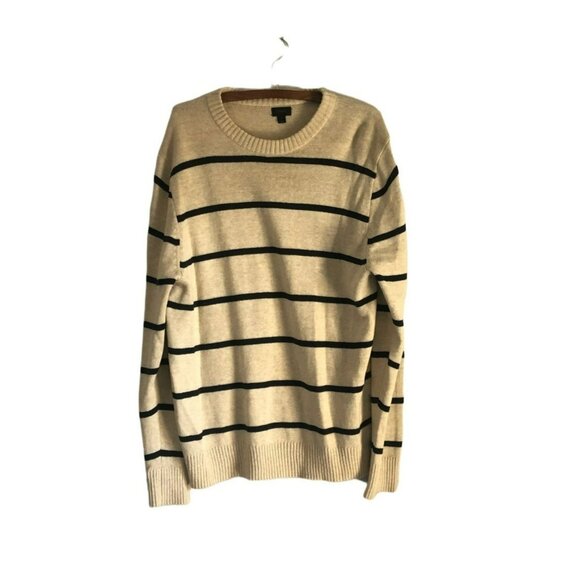 J Crew Mens Beige Navy Stripe Crewneck Long Sleeve Pullover Sweater Wool Blend L - Picture 1 of 6